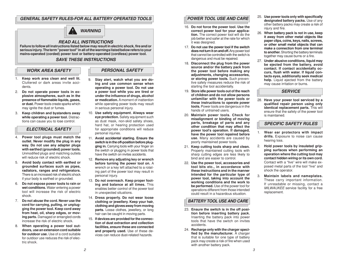 Milwaukee 9098-23 Power Tool USE and Care, Work Area Safety, Electrical Safety, Personal Safety, Battery Tool USE and Care 