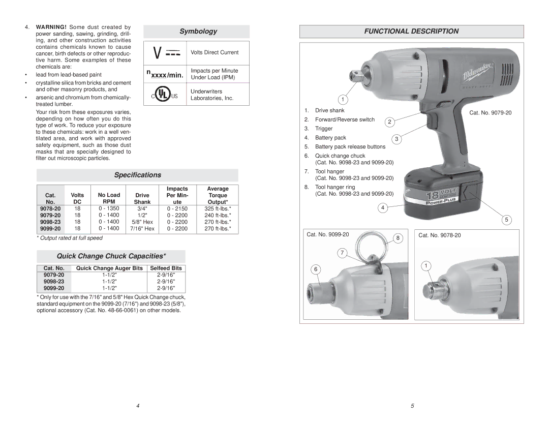 Milwaukee 9078-20, 9098-23 manual Symbology, Functional Description, Speciﬁcations, Quick Change Chuck Capacities 