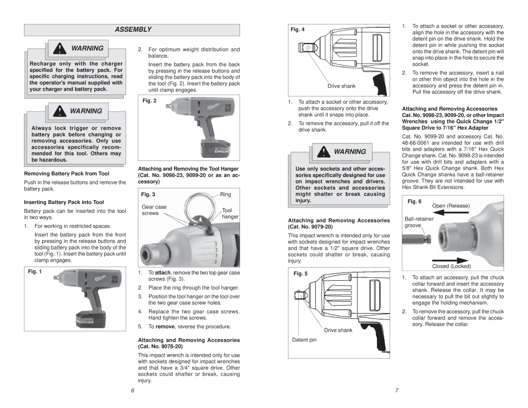 Milwaukee 9098-23, 9078-20 manual Assembly, Inserting Battery Pack into Tool, Attaching and Removing Accessories Cat. No 