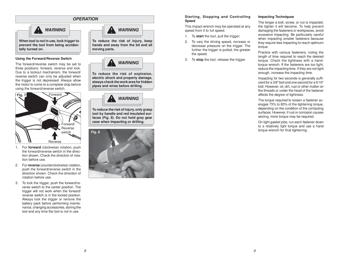 Milwaukee 9078-20, 9098-23 manual Operation, Longer a bolt, screw, or nut is impacted 