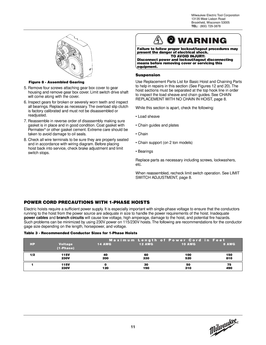 Milwaukee 9573, 9572, 9571, 9568, 9570, 9565, 9560, 9561, 9567, 9566, 9562 Power Cord Precautions with 1-PHASE Hoists, Suspension 