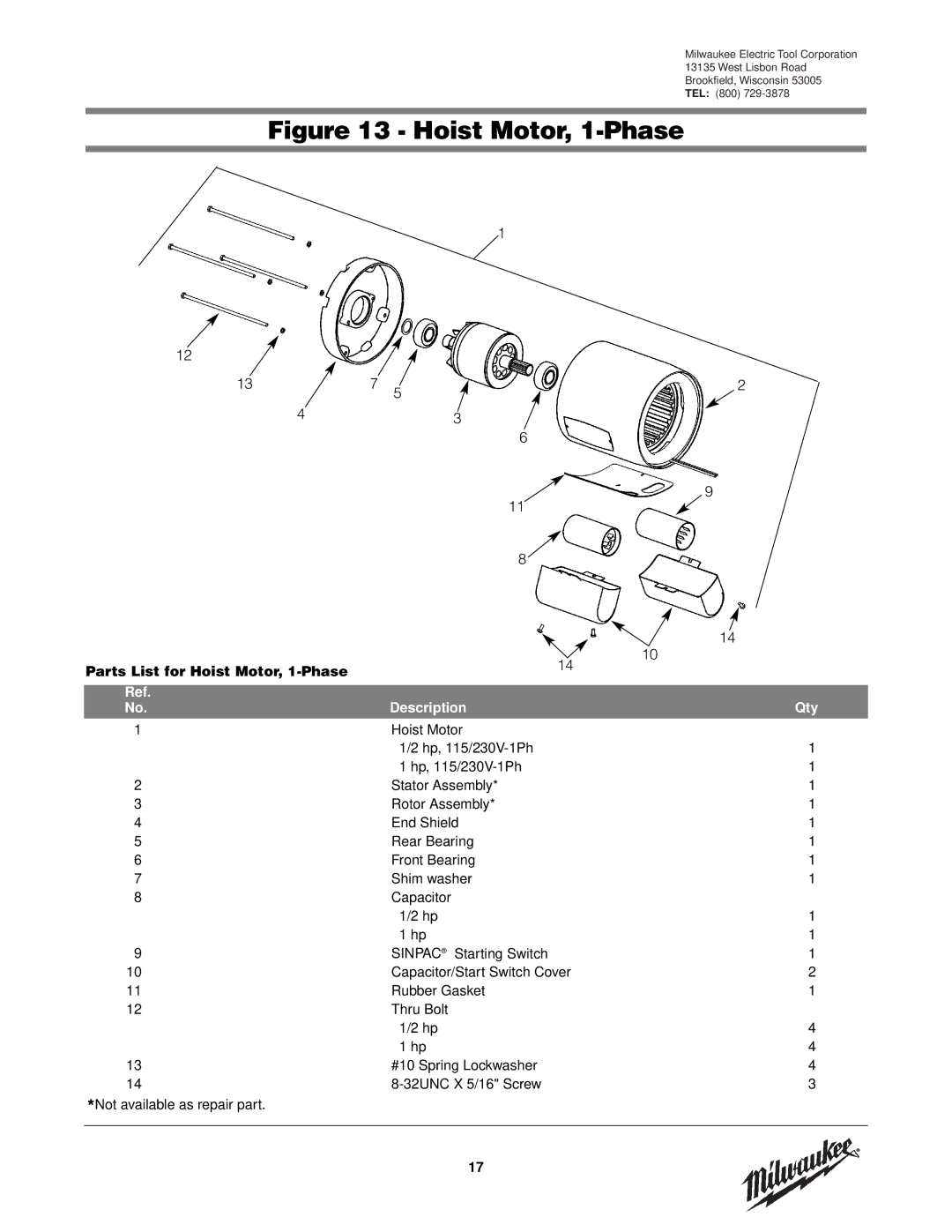 Milwaukee 9561, 9572, 9573, 9571, 9568, 9570, 9565, 9560, 9567, 9566, 9562 manual Hoist Motor, 1-Phase 