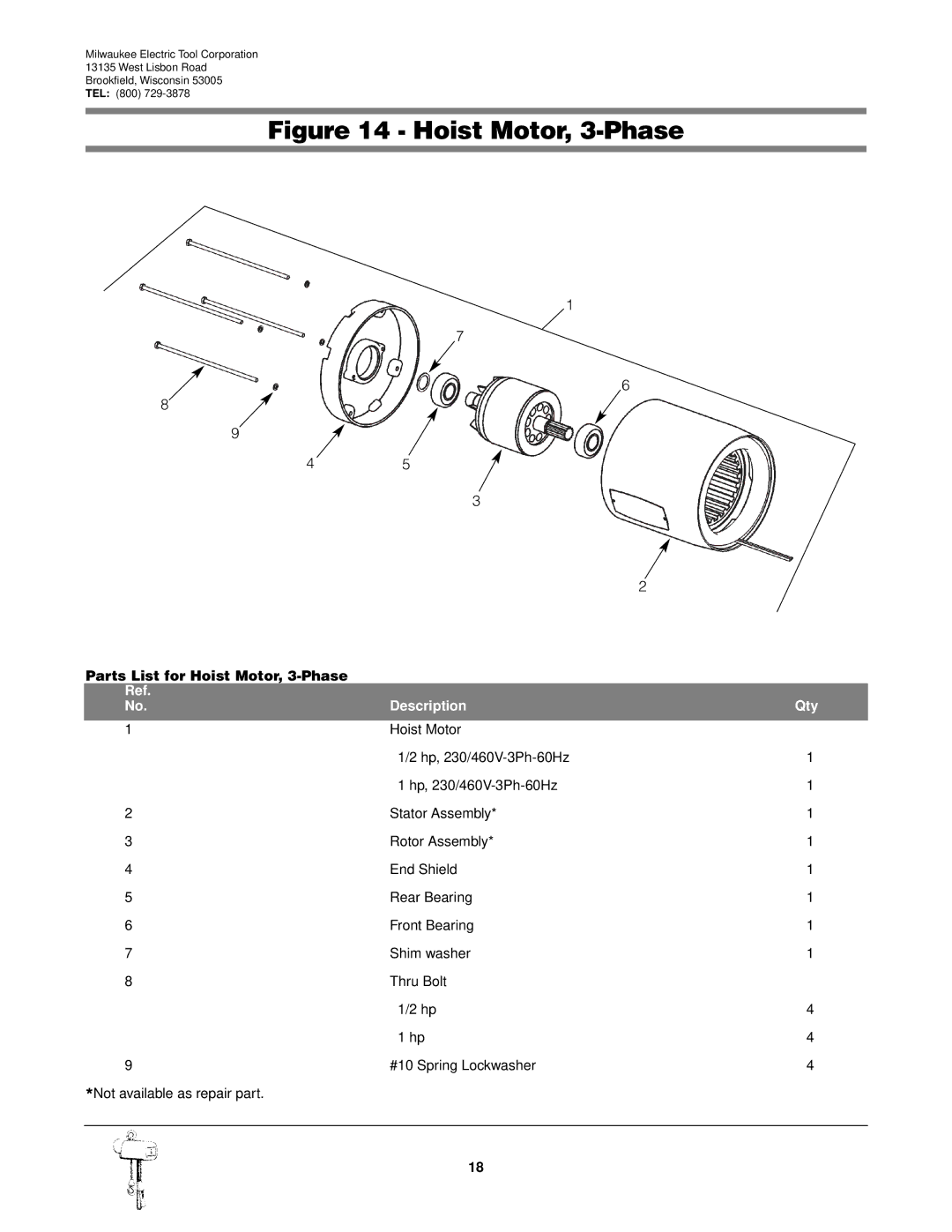 Milwaukee 9567, 9572, 9573, 9571, 9568, 9570, 9565, 9560, 9561, 9566, 9562 manual Hoist Motor, 3-Phase 