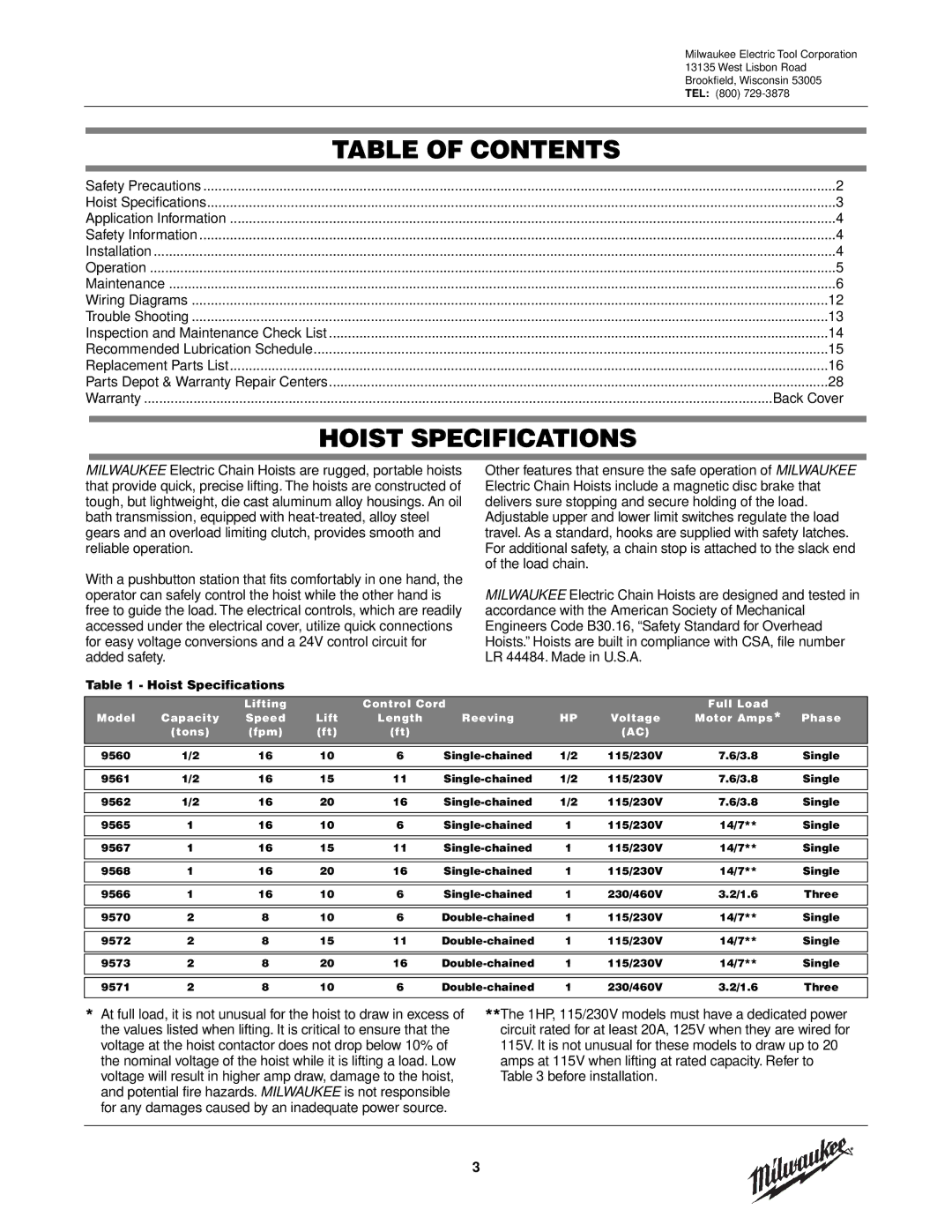 Milwaukee 9570, 9572, 9573, 9571, 9568, 9565, 9560, 9561, 9567, 9566, 9562 manual Table of Contents, Hoist Specifications 