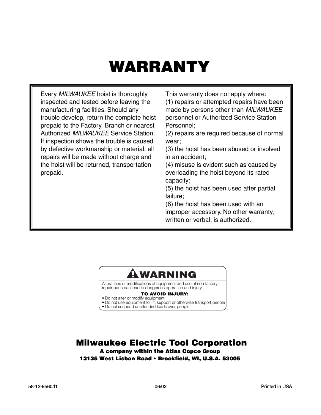 Milwaukee 9571, 9572, 9573, 9568, 9570, 9565, 9560, 9561, 9567, 9566, 9562 manual Milwaukee Electric Tool Corporation, Warranty 