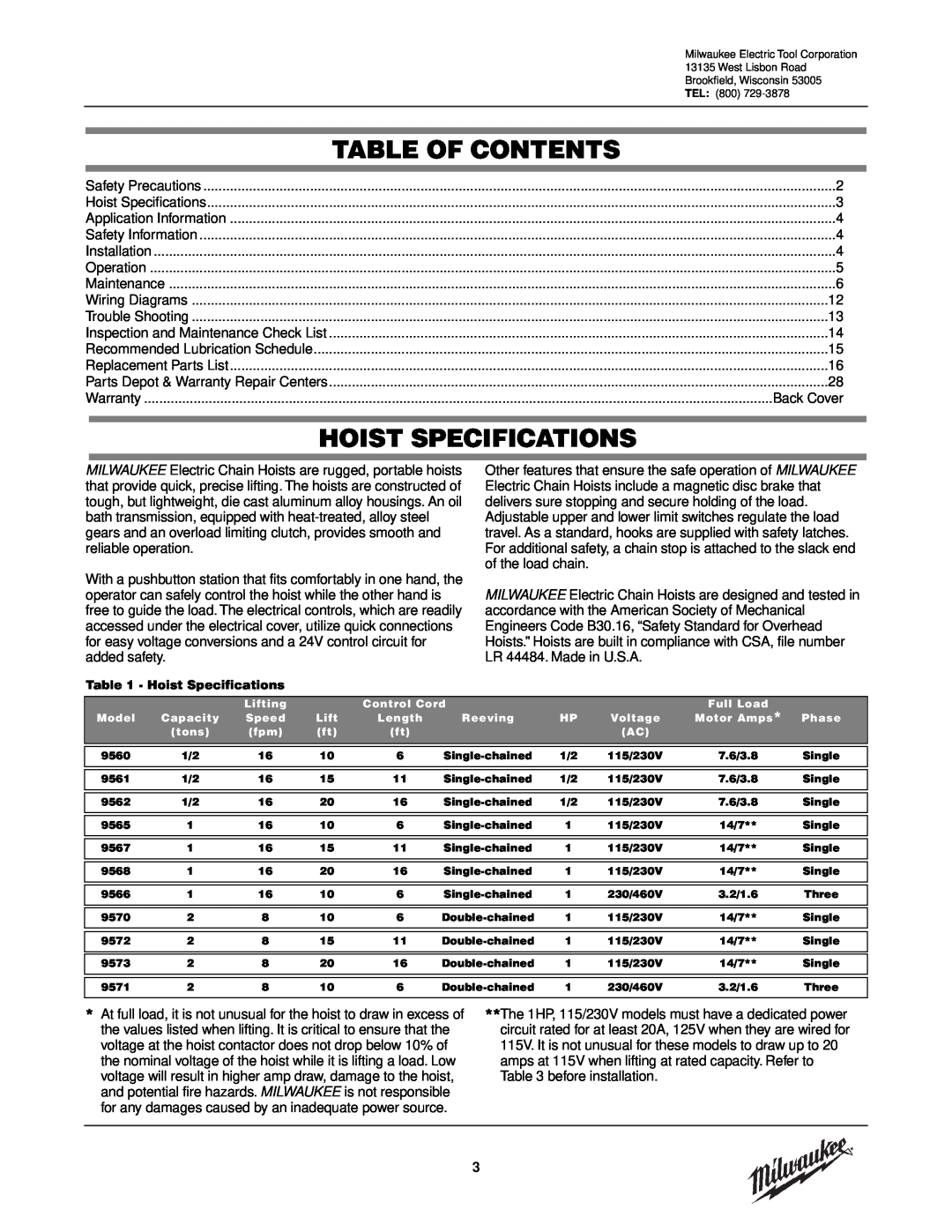 Milwaukee 9570, 9572, 9573, 9571, 9568, 9565, 9560, 9561, 9567, 9566, 9562 manual Table Of Contents, Hoist Specifications 