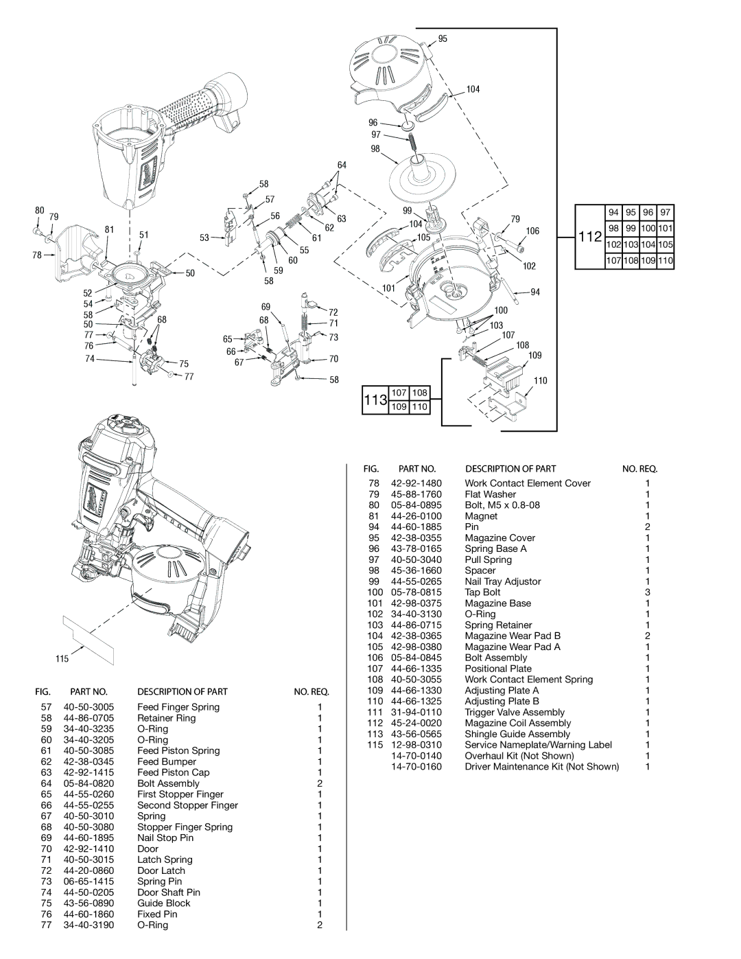 Milwaukee A87A, 7120-21 manual 113, Description of Part NO. REQ 