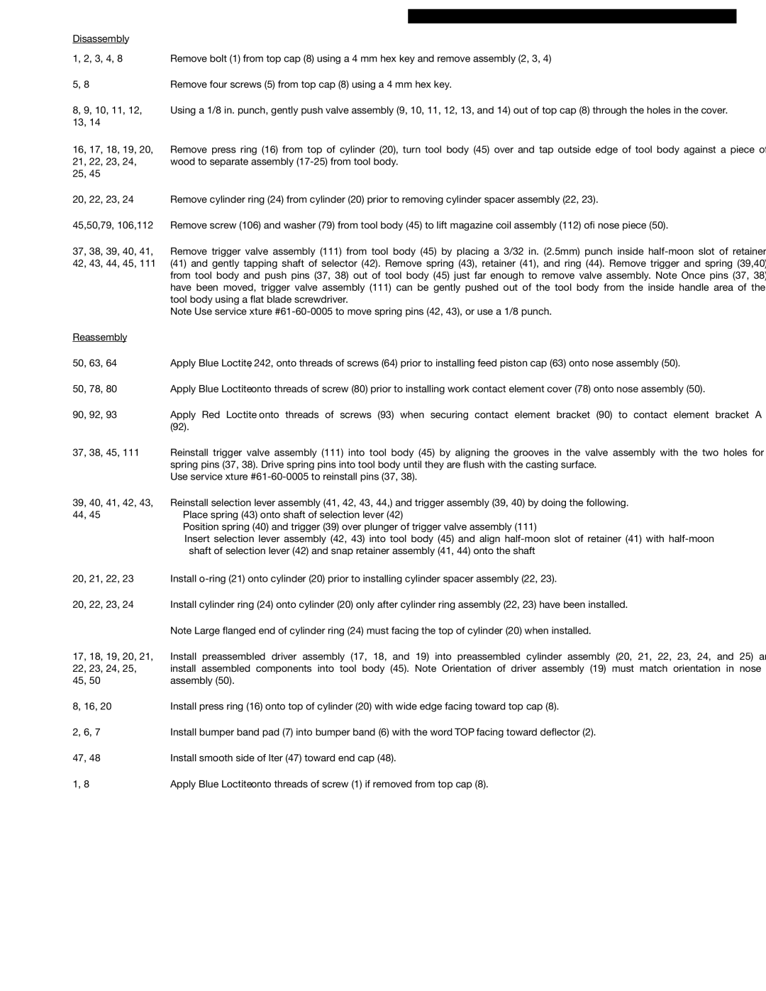 Milwaukee 7120-21, A87A manual Bulletin no -43-0030 Mar, Tool body using a flat blade screwdriver Reassembly 50, 63 