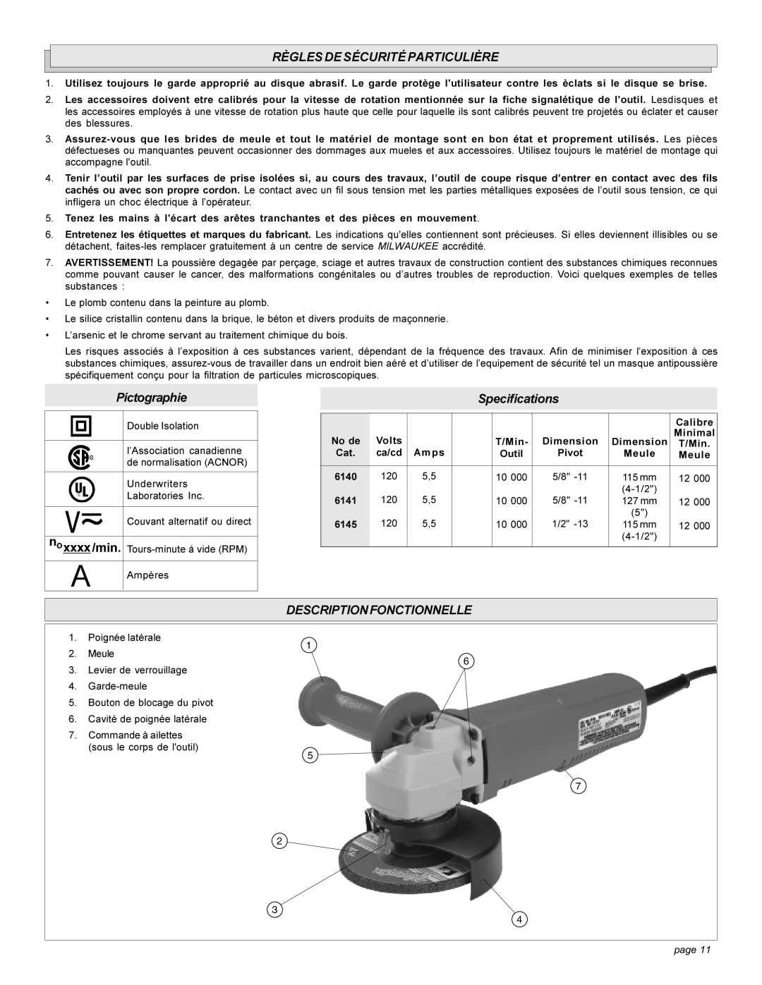 Milwaukee angle grinder manual Règles DE Sécurité Particulière, Descriptionfonctionnelle, Calibre, No de 