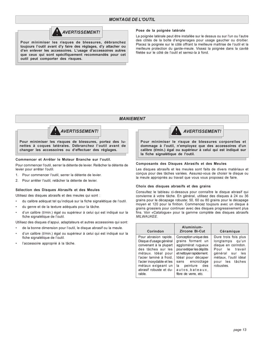 Milwaukee angle grinder Montage DE Loutil Avertissement, Maniement Avertissement, Choix des disques abrasifs et des grains 