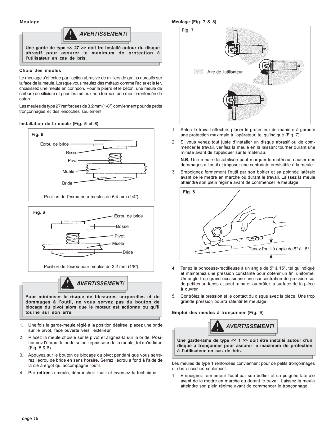 Milwaukee angle grinder manual Meulage, Installation de la meule et, Emploi des meules à tronçonner Fig 