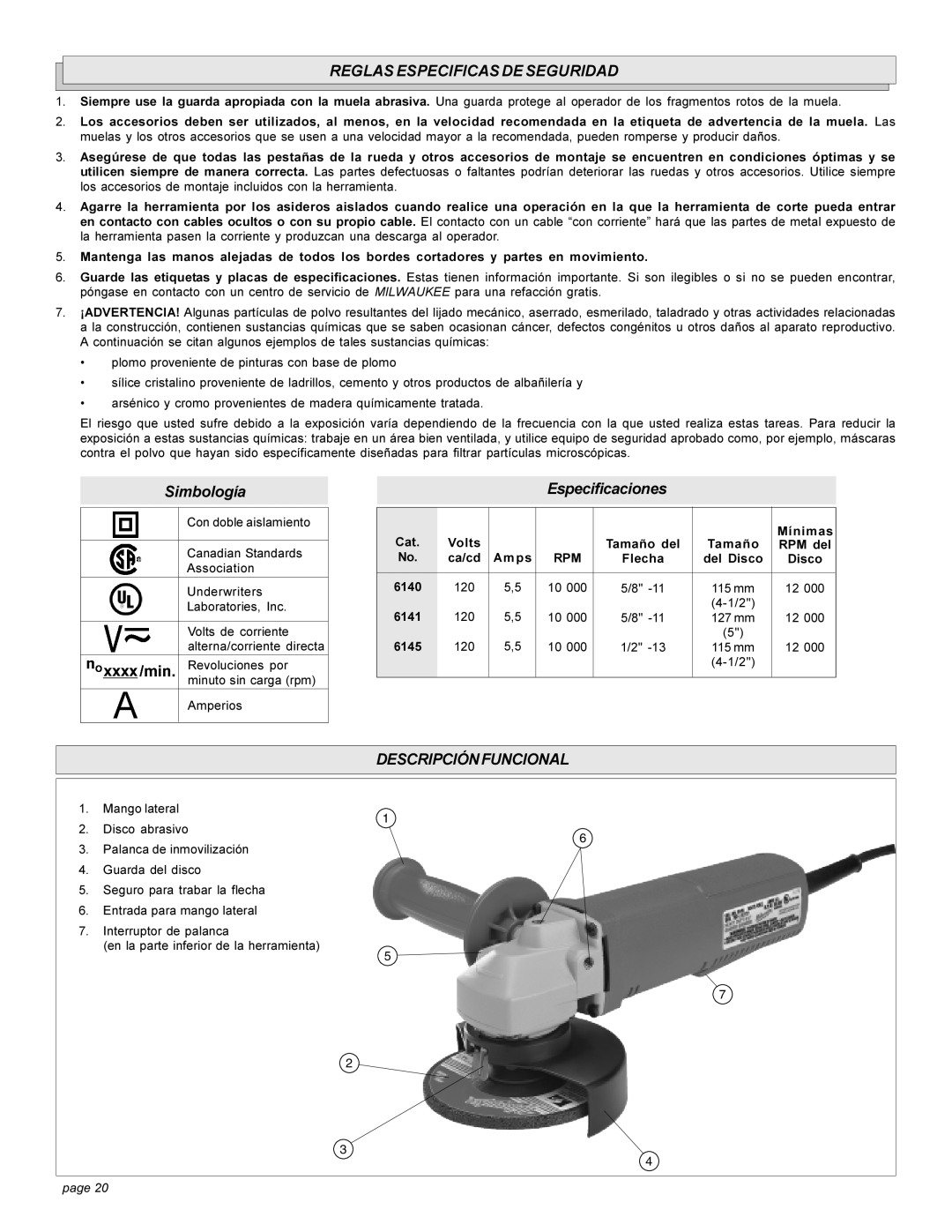 Milwaukee angle grinder manual Reglas Especificas DE Seguridad, Descripciónfuncional, Flecha Del Disco 6140 