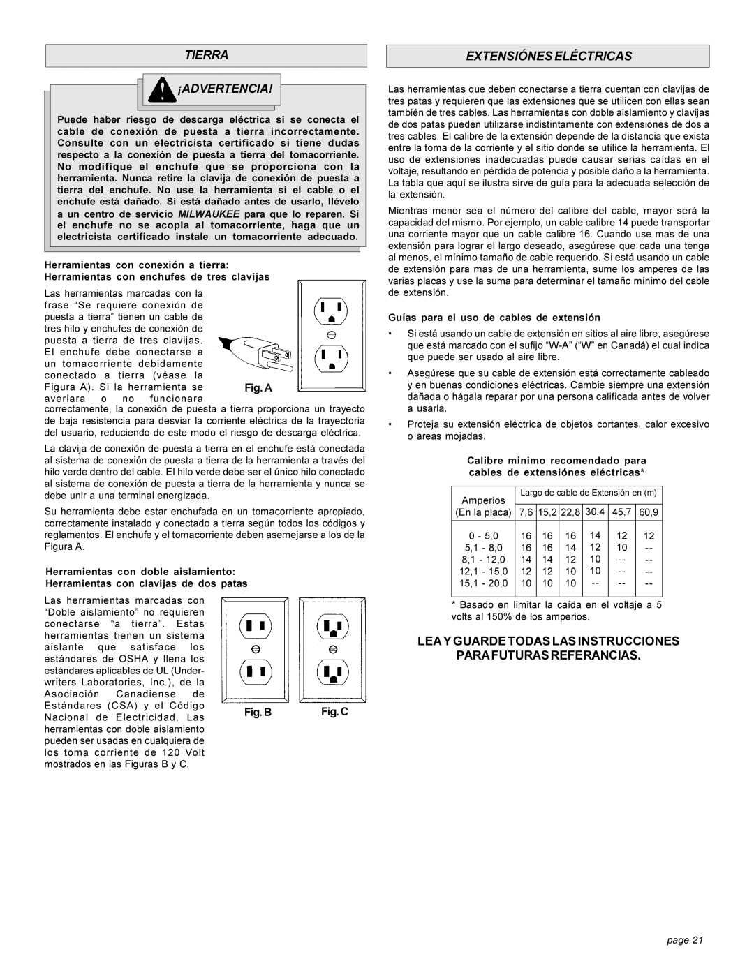 Milwaukee angle grinder manual Tierra ¡ADVERTENCIA, Extensiónes Eléctricas, Guías para el uso de cables de extensión 