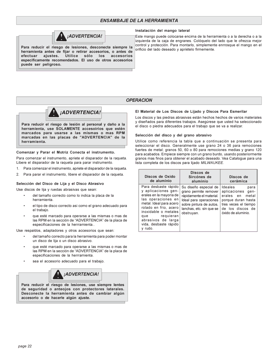 Milwaukee angle grinder manual Ensambaje DE LA Herramienta ¡ADVERTENCIA, Operacion 