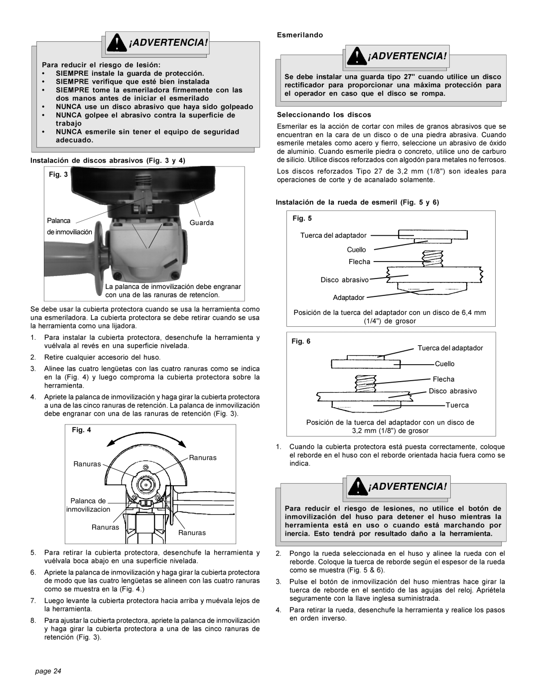 Milwaukee angle grinder manual Esmerilando, Instalación de la rueda de esmeril y 