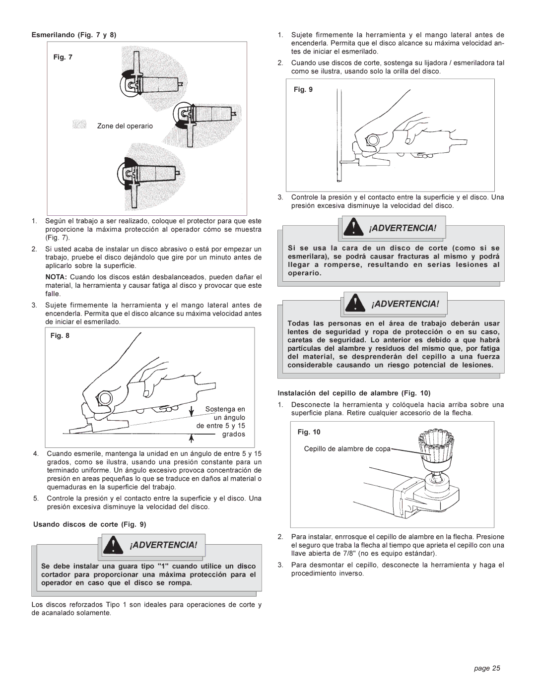 Milwaukee angle grinder manual Esmerilando y, Usando discos de corte Fig 