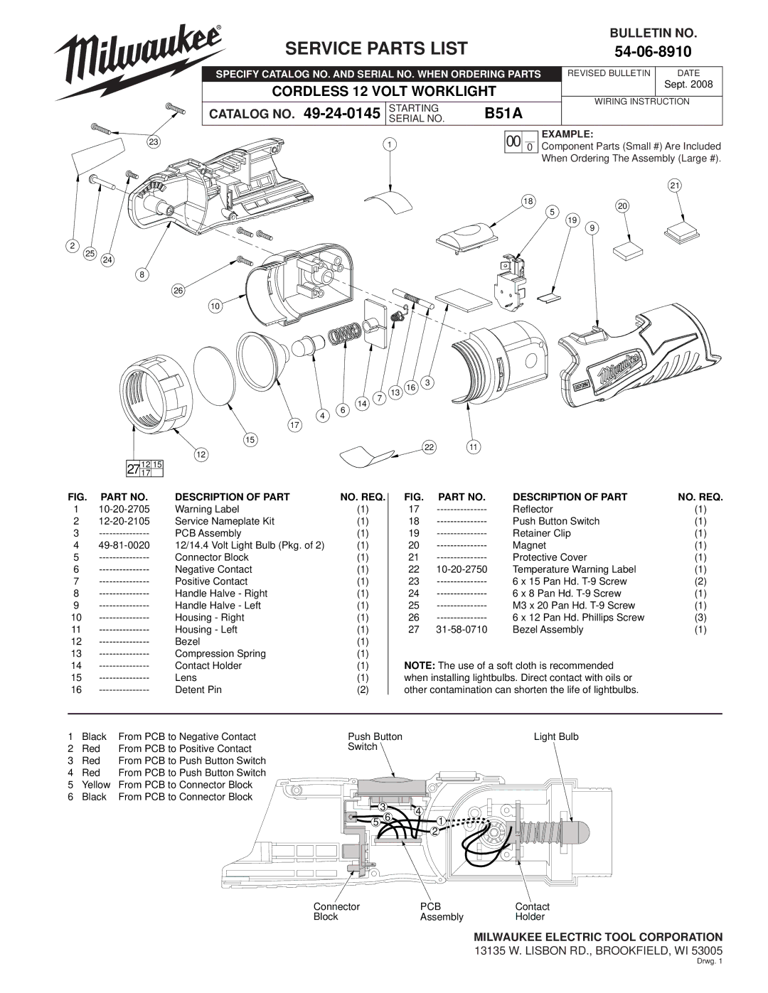 Milwaukee B51A manual Service Parts List, 54-06-8910, Example, Description of Part NO. REQ 