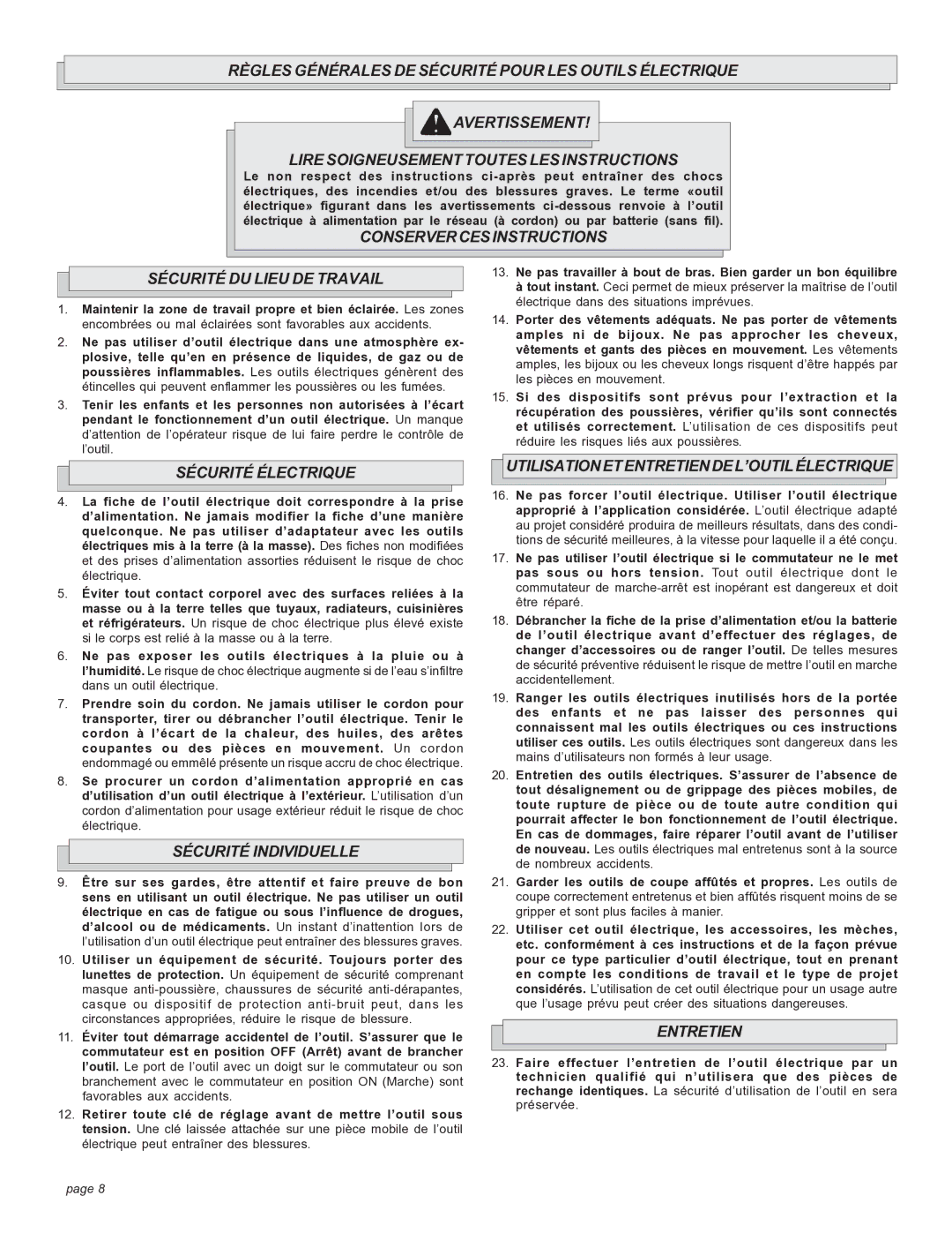 Milwaukee BAND SAW manual Conservercesinstructions Sécurité DU Lieu DE Travail, Sécurité Électrique, Sécurité Individuelle 