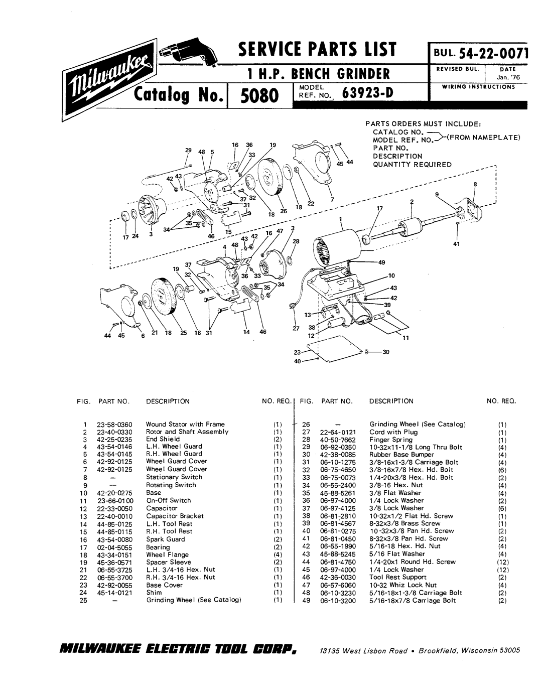 Milwaukee Bench Grinder manual Service Parts List, ELE=R.C TDmL CWW, West Lisbon Road 8 Brookfield, Wisconsin 