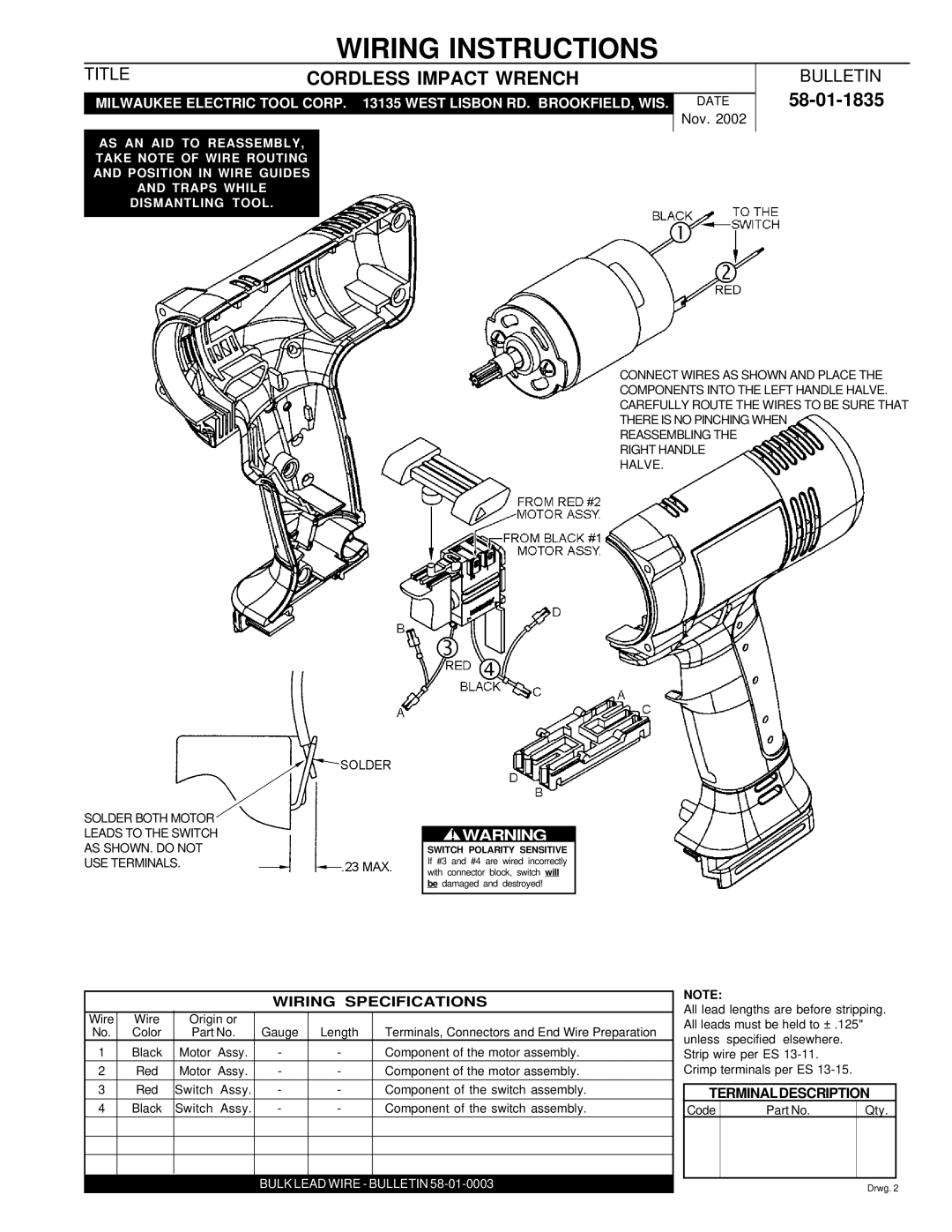 Milwaukee Cordless Impact Wrench specifications Wiring Instructions, 58-01-1835, Wiring Specifications 