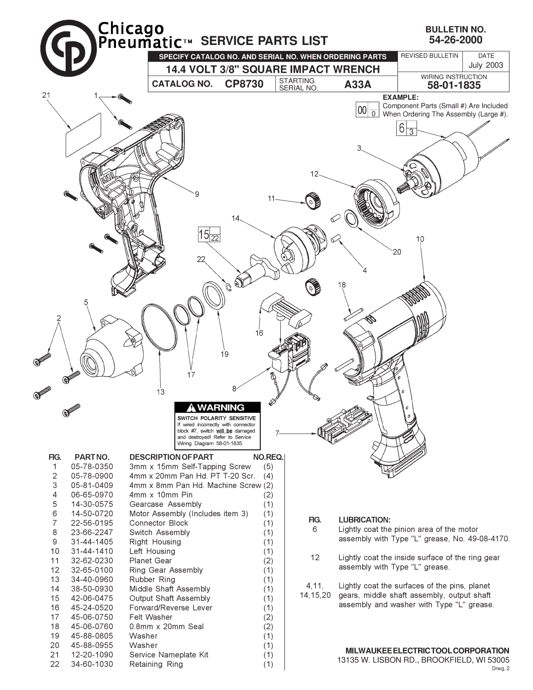 Milwaukee CP8730 manual Chicago, PneumaticT M Service Parts List, 54-26-2000, Volt 3/8 Square Impact Wrench 