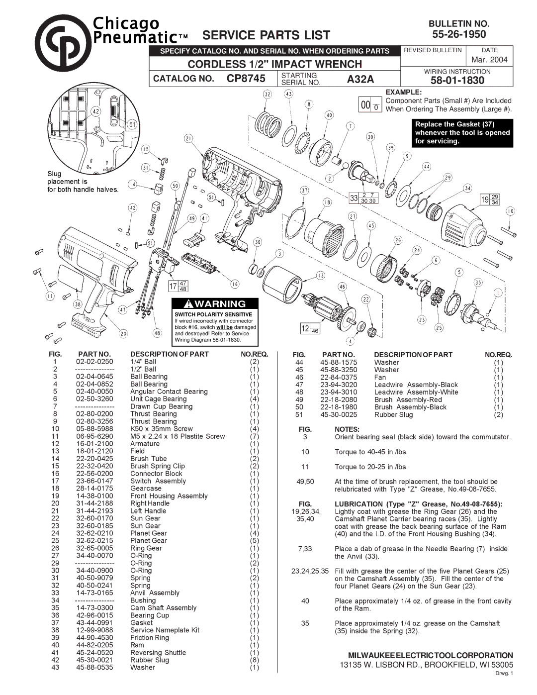 Milwaukee CP8745 manual Chicago, Pneumatic, Service Parts List, 55-26-1950, A32A 58-01-1830 