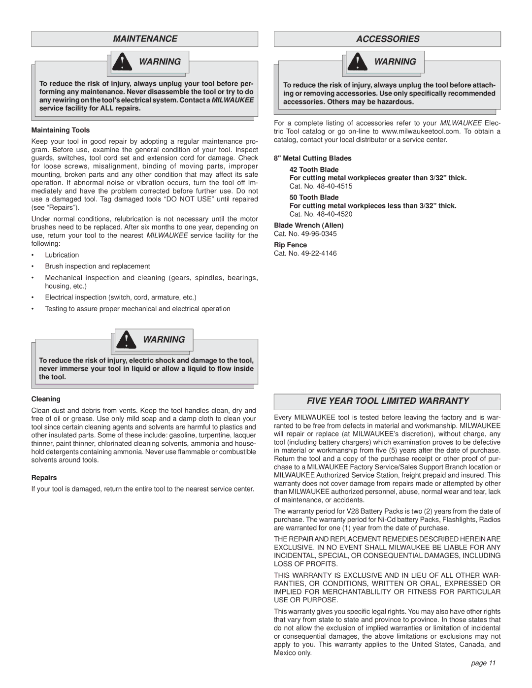 Milwaukee CUTTING SAW manual Maintenance, Accessories, Five Year Tool Limited Warranty, Rip Fence, Repairs 