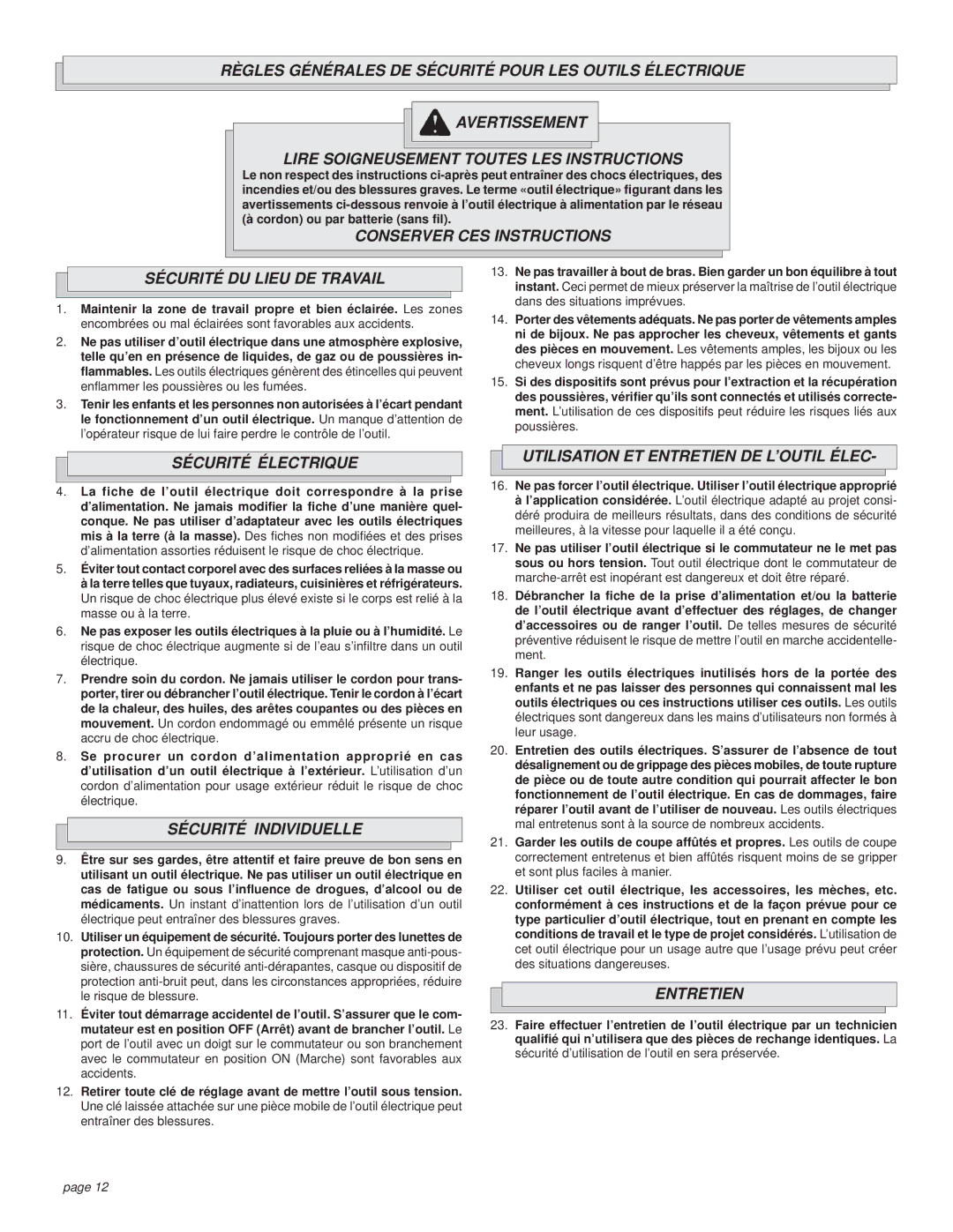 Milwaukee CUTTING SAW Conserver CES Instructions Sécurité DU Lieu DE Travail, Sécurité Électrique, Sécurité Individuelle 