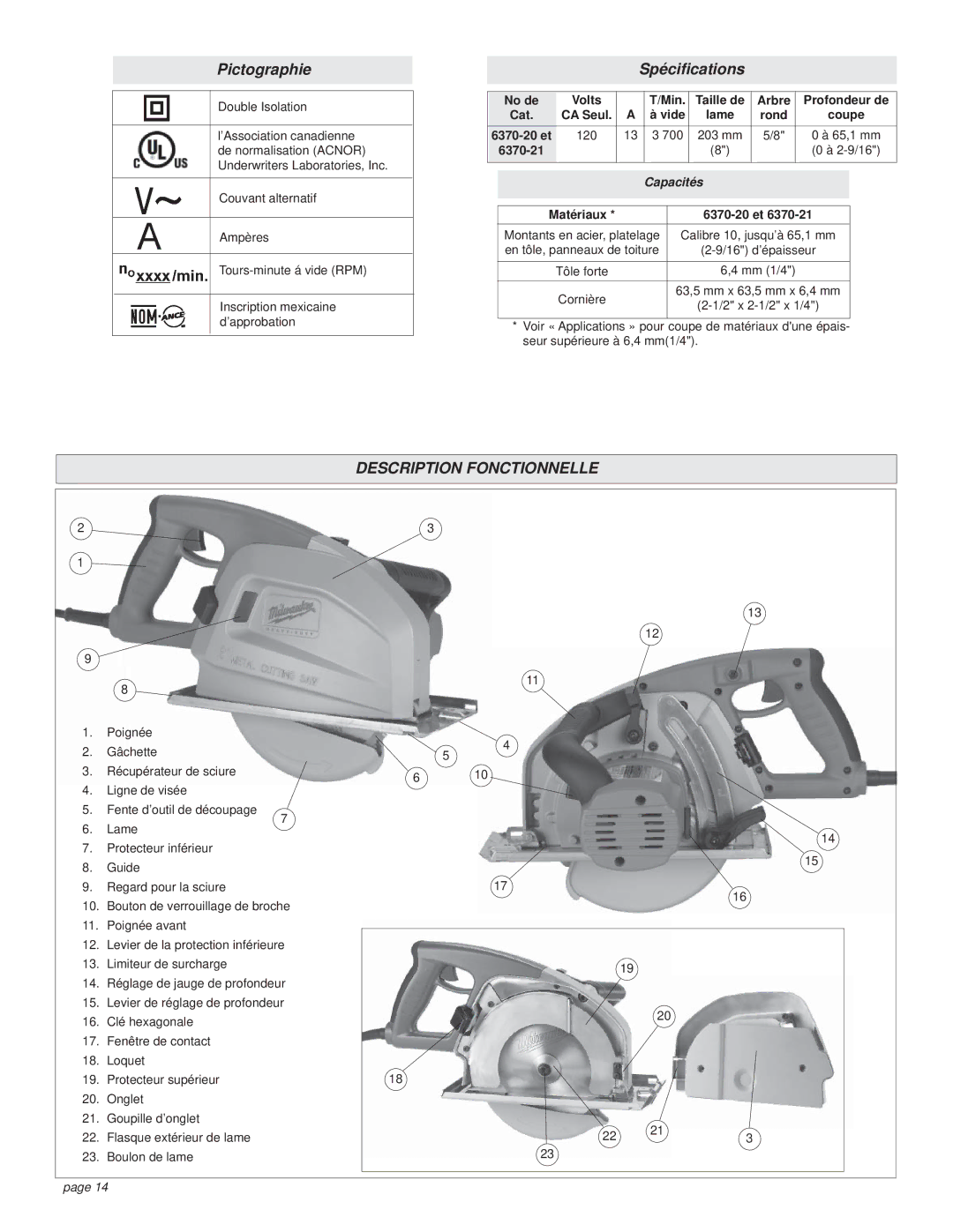 Milwaukee CUTTING SAW Description Fonctionnelle, No de Volts Min Taille de Arbre Profondeur de Cat, 120 700 203 mm 65,1 mm 