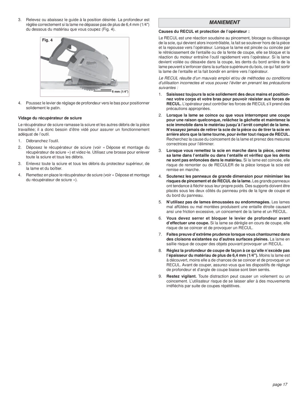 Milwaukee CUTTING SAW manual Maniement, Vidage du récupérateur de sciure, Causes du Recul et protection de l’opérateur 