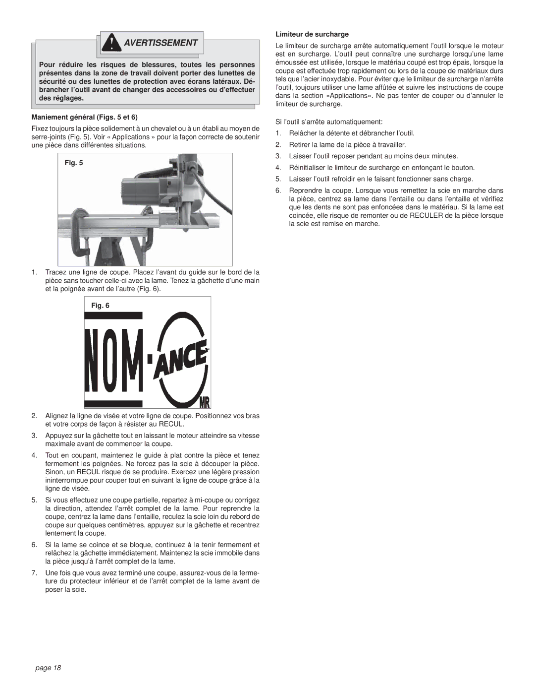 Milwaukee CUTTING SAW manual Limiteur de surcharge 