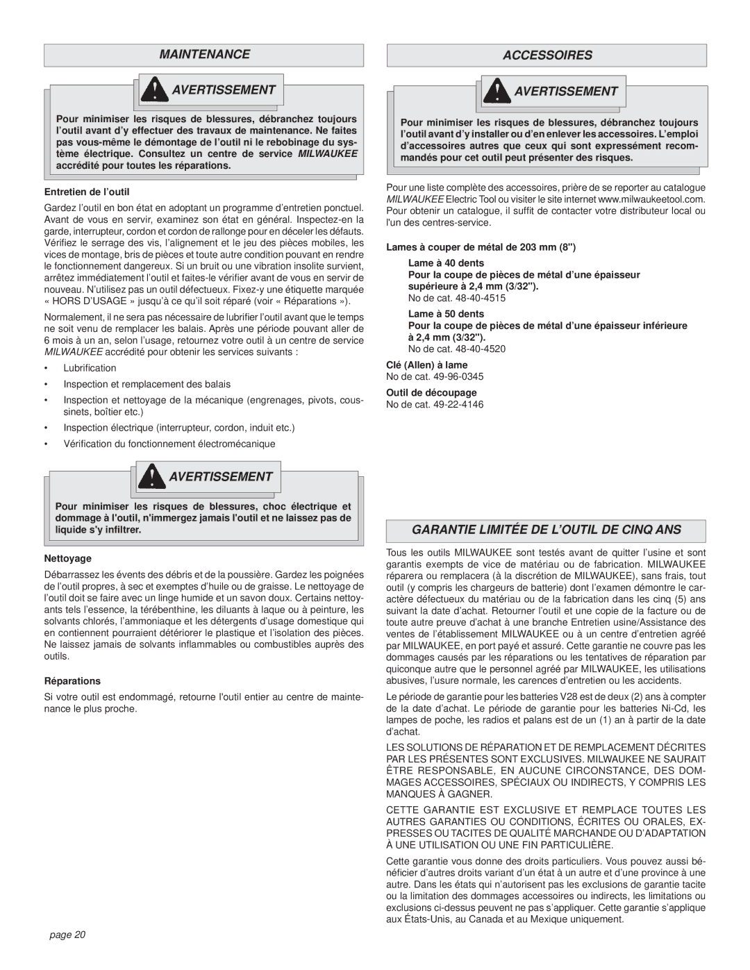 Milwaukee CUTTING SAW manual Maintenance Avertissement, Accessoires Avertissement, Garantie Limitée DE L’OUTIL DE Cinq ANS 