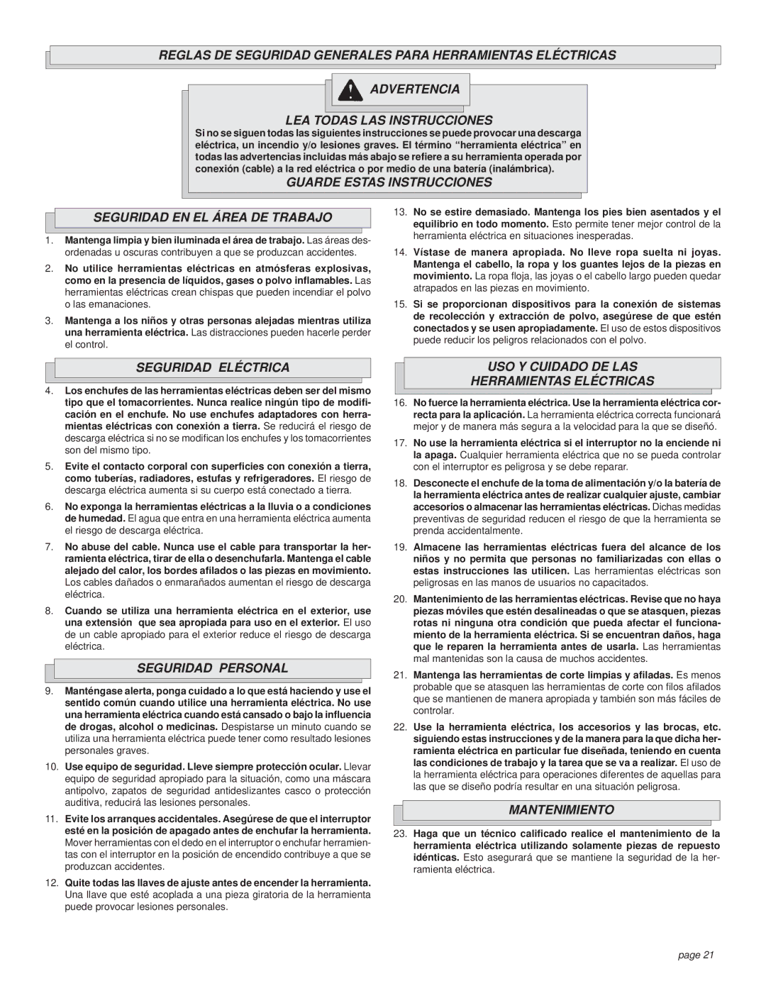 Milwaukee CUTTING SAW Guarde Estas Instrucciones Seguridad EN EL Área DE Trabajo, Seguridad Eléctrica, Seguridad Personal 