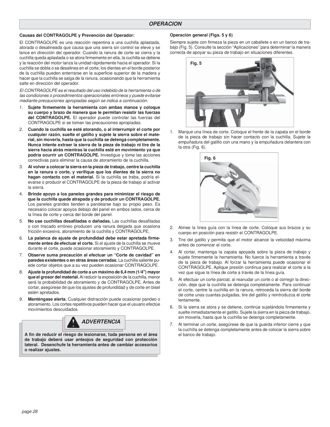 Milwaukee CUTTING SAW manual Operacion, Causas del Contragolpe y Prevención del Operador 