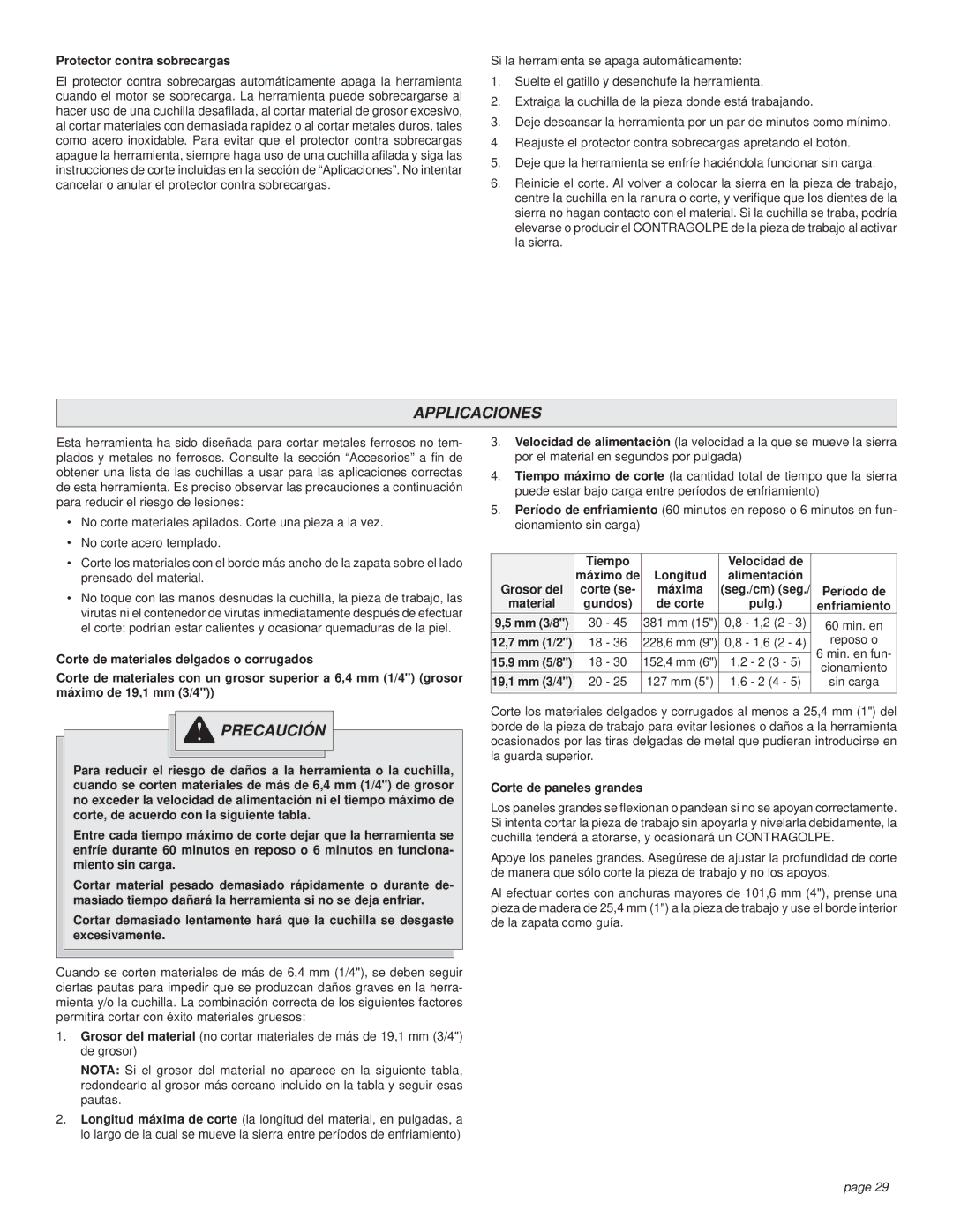 Milwaukee CUTTING SAW manual Applicaciones, Precaución 