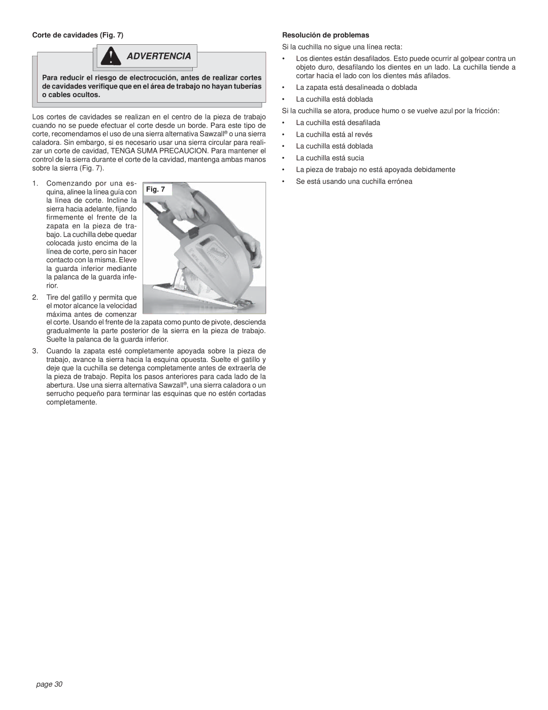 Milwaukee CUTTING SAW manual Corte de cavidades Fig, Resolución de problemas 