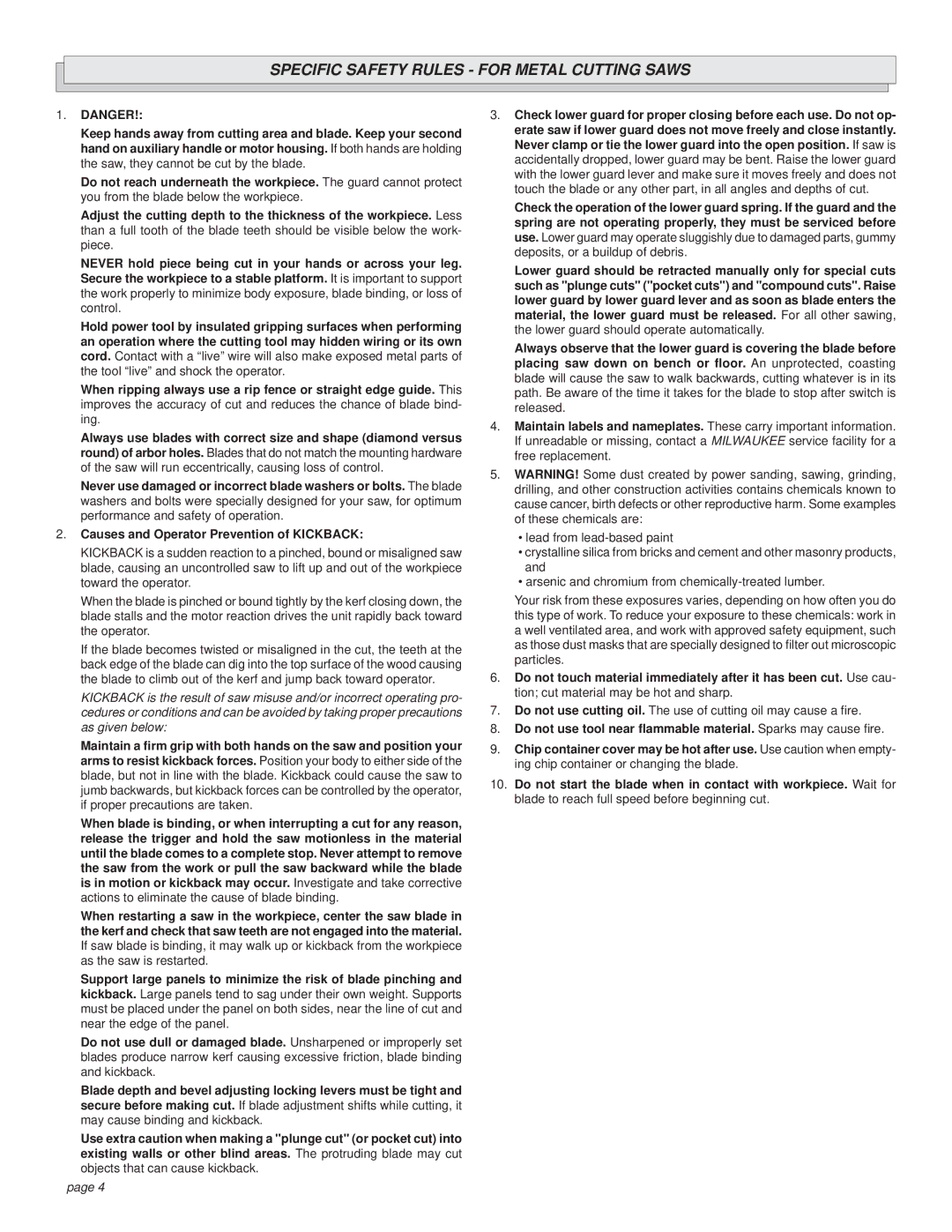 Milwaukee CUTTING SAW manual Specific Safety Rules for Metal Cutting Saws 