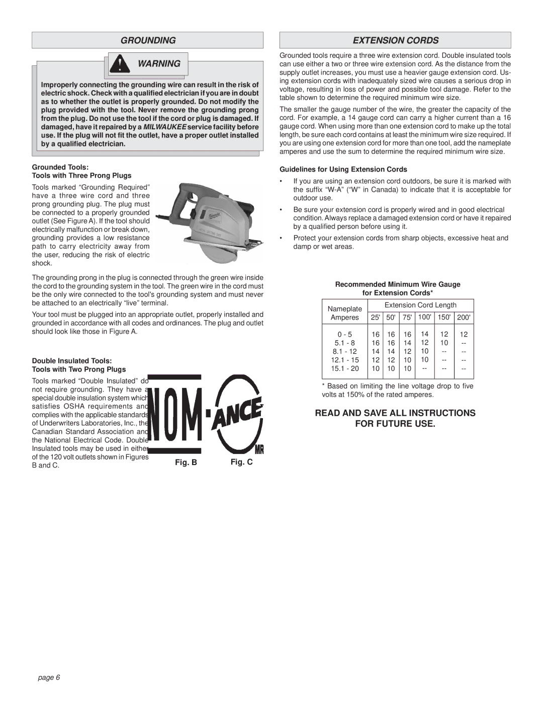 Milwaukee CUTTING SAW manual Grounding, Extension Cords 