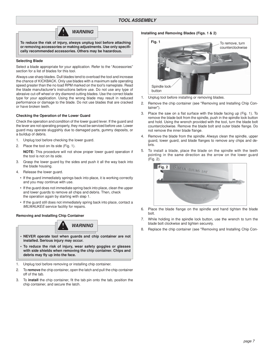 Milwaukee CUTTING SAW manual Tool Assembly, Selecting Blade, Checking the Operation of the Lower Guard 