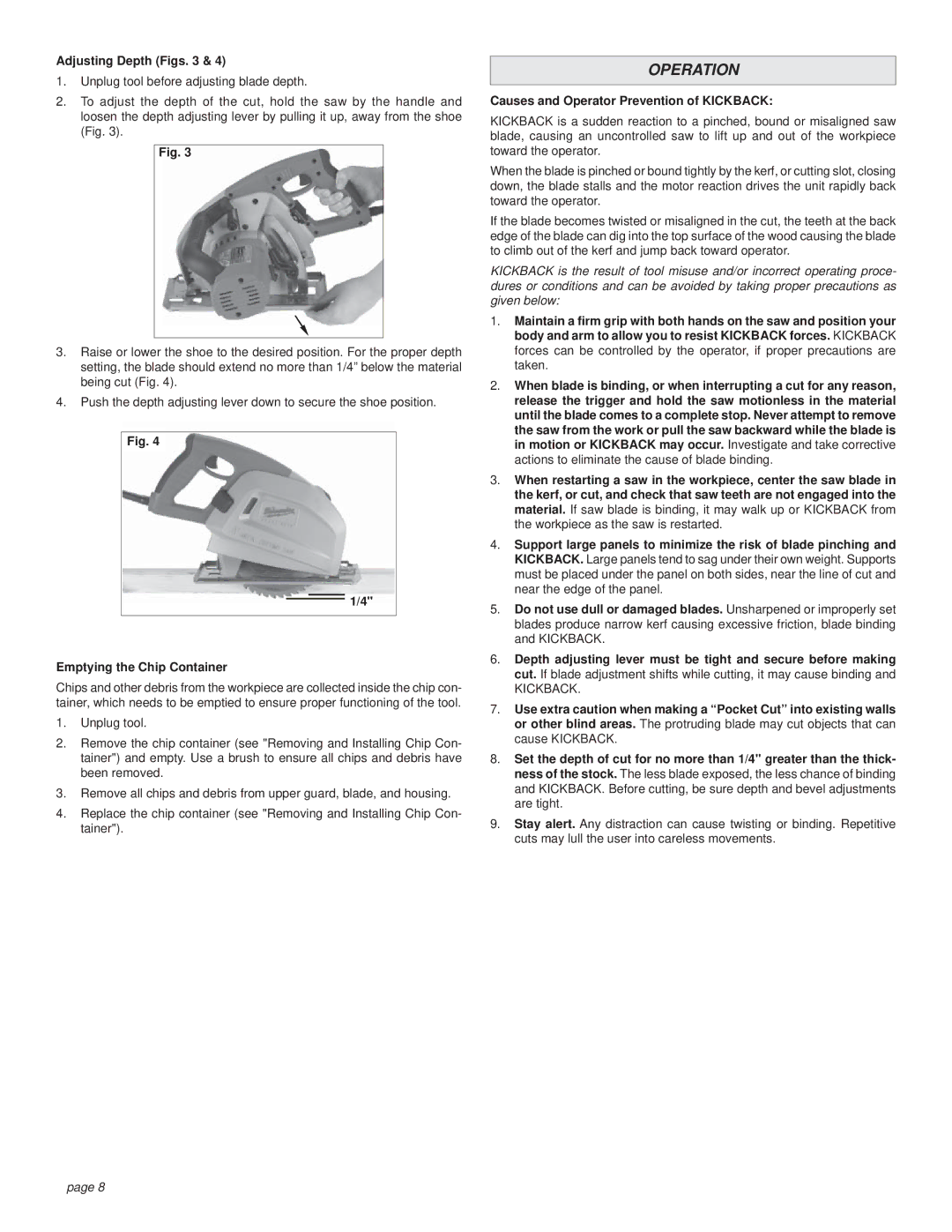 Milwaukee CUTTING SAW manual Operation, Adjusting Depth Figs, Emptying the Chip Container 