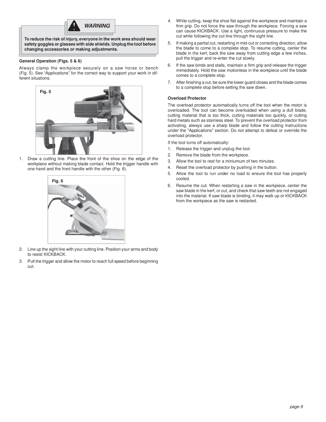 Milwaukee CUTTING SAW manual General Operation Figs, Overload Protector 