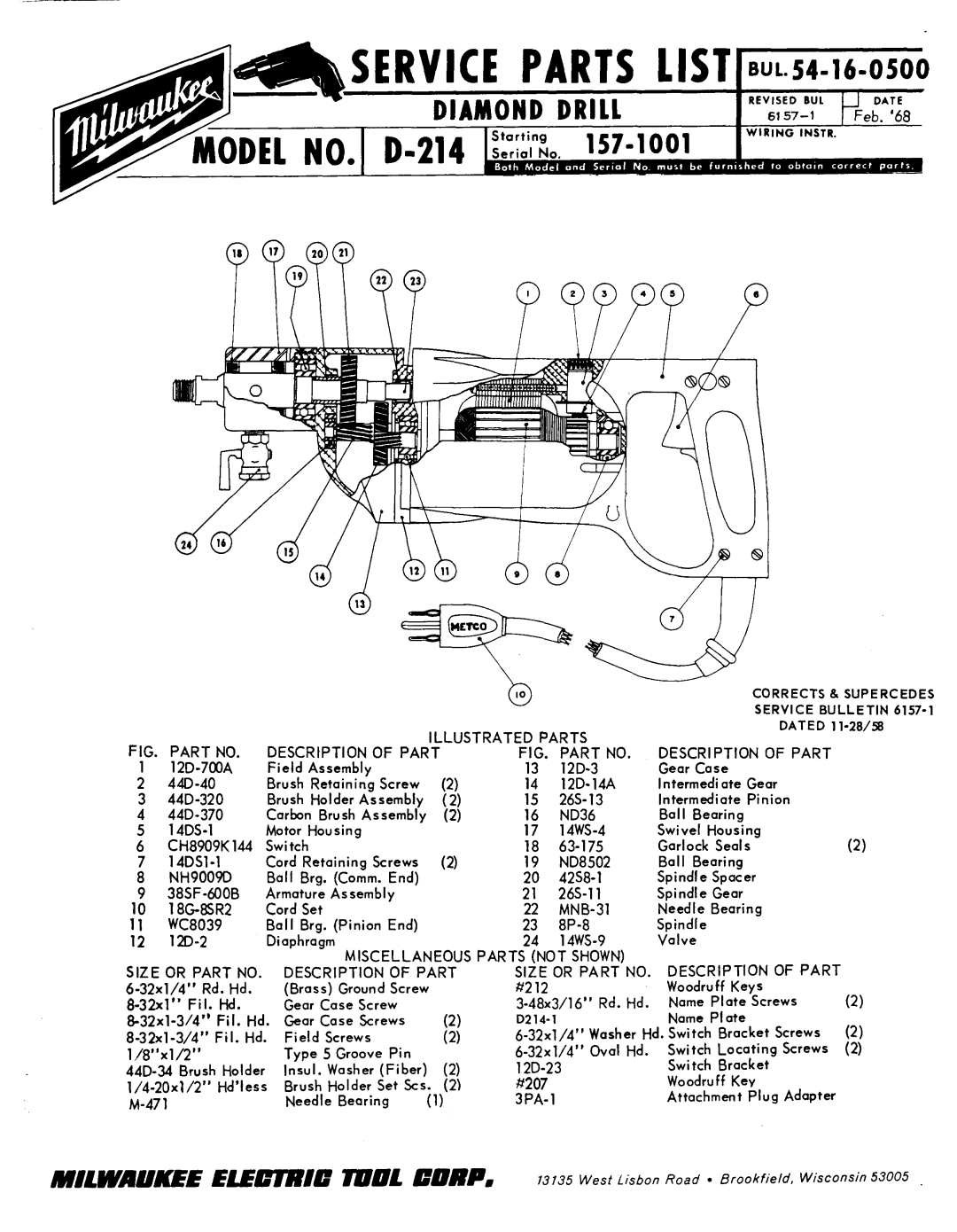 Milwaukee Diamond Drill manual Service Parts List, 14ws-4, Rd. Hd, #207 