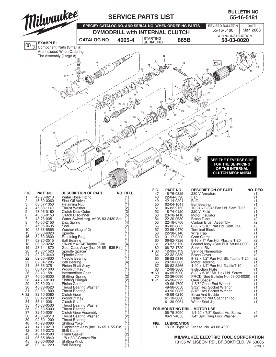 Milwaukee Dymodrill with Internal Clutch manual Service Parts List, 55-16-5181, 865B 58-03-0020, Catalog no 