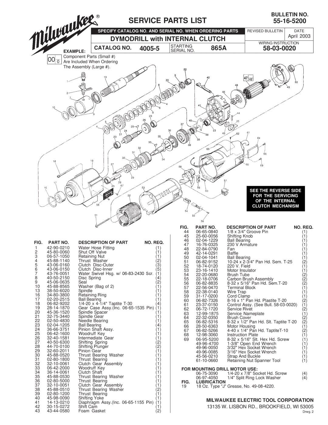 Milwaukee Dymodrill manual Service Parts List, 55-16-5200, 4005-5, 865A 58-03-0020 