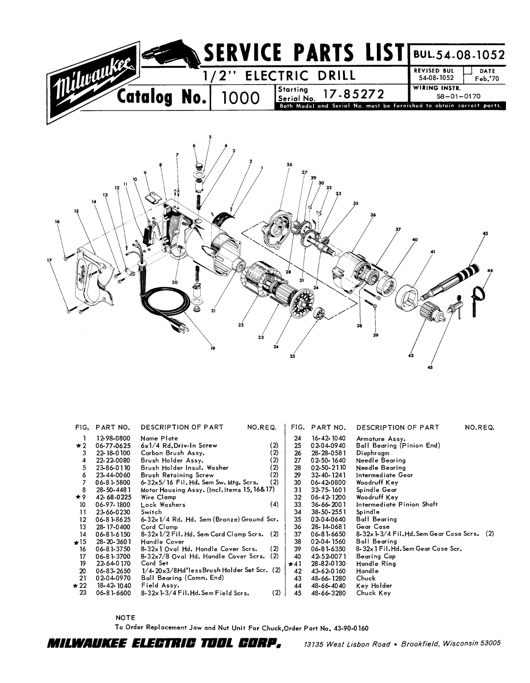 Milwaukee Electric Drill manual Part Description NO.REQ, Description Part NO.REQ 