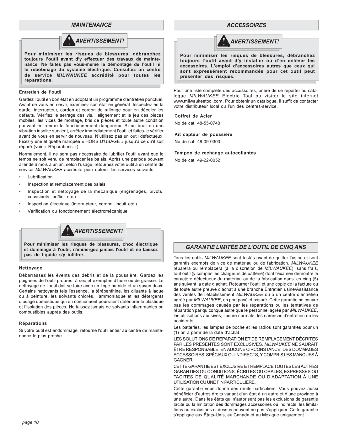 Milwaukee FINISHING SANDER Maintenance Avertissement, Accessoires Avertissement, Garantie Limitée DE L’OUTIL DE Cinq ANS 