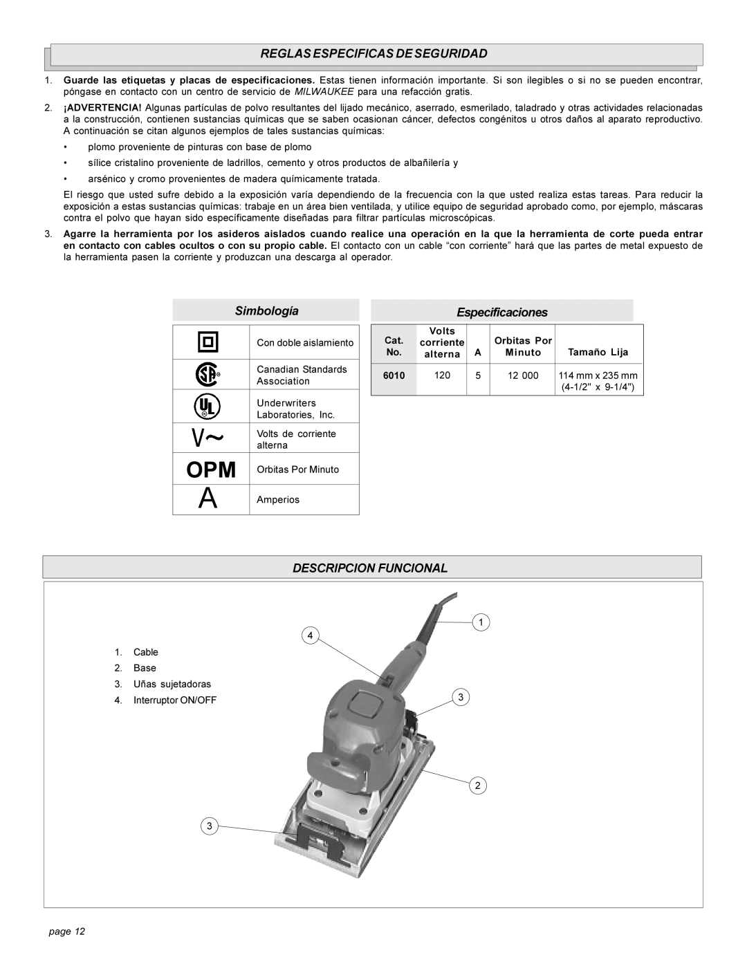 Milwaukee FINISHING SANDER manual Reglasespecificasdeseguridad, Descripcion Funcional, Cat Volts Orbitas Por 