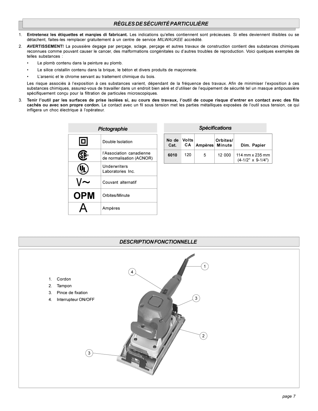 Milwaukee FINISHING SANDER manual Règlesdesécuritéparticulière, Descriptionfonctionnelle, No de Volts Orbites Cat 