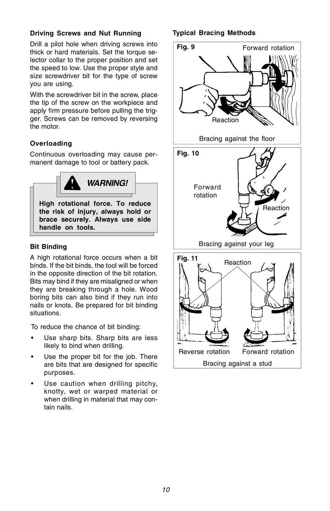 Milwaukee Hammer-Drill manual Driving Screws and Nut Running, Overloading, Typical Bracing Methods Forward rotation 