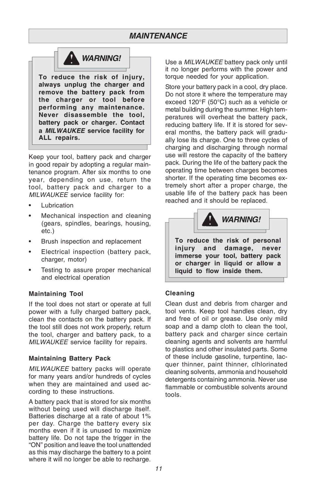 Milwaukee Hammer-Drill manual Maintenance, Maintaining Tool, Maintaining Battery Pack 